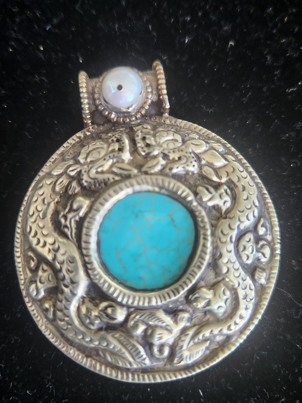 Tibetan Dragon and Faux Turquoise Pendant